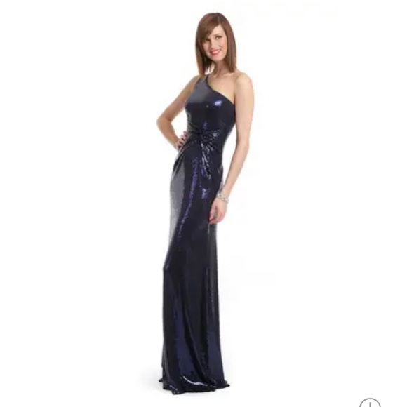 David Meister Navy Sequin One Shoulder Sultry Gown - Picture 5 of 11